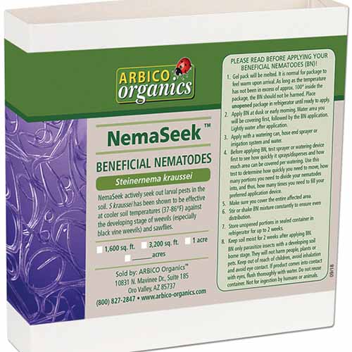 A close up square image of the packaging of NemaSeek, beneficial nematodes pictured on a white background.