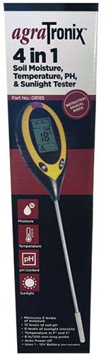 A close up vertical of the packaging of Agratronix hygrometer isolated on a white background.