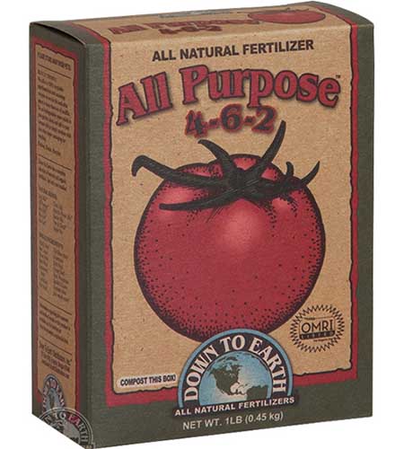 A close up square image of Down to Earth All Purpose Fertilizer isolated on a white background.