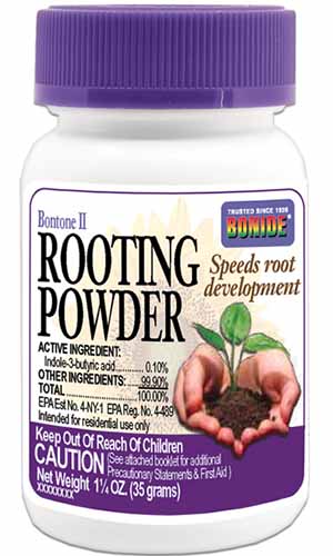 A close up vertical image of a plastic bottle of Bonide Bontone II Rooting Hormone Powder isolated on a white background.