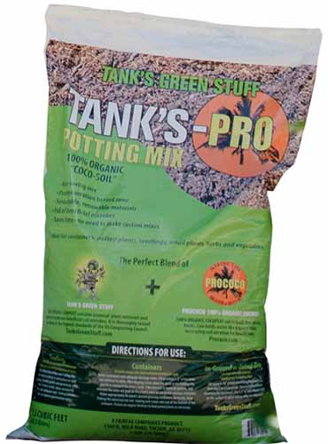 A close up vertical image of the packaging of Tank&rsquo;s-Pro Potting Mix isolated on a white background.