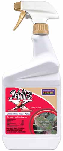 A close up vertical image of a ready to spray bottle of Bonide Mite-X isolated on a white background.