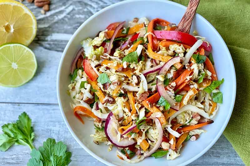 A close up horizontal image of a fresh autumn salad made with napa cabbage, onions, and a variety of other vegetables set on a wooden table.