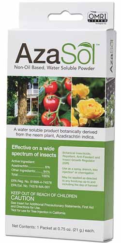 A close up of the packaging of AzaSol insecticide isolated on a white background.
