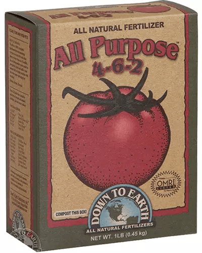 A close up of the packaging of Down to Earth All Purpose Natural Fertilizer isolated on a white background.