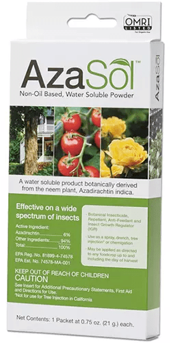 A close up of the packaging of AzaSol insecticide isolated on a white background.