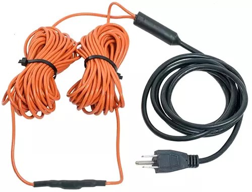 A square picture of a soil heating cable and plug isolated on a white background.