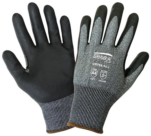 A close up of black and gray Cut Resistant Gloves with Touchscreen capability isolated on a white background.