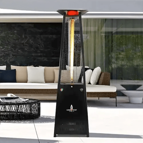 A square image of a Lava Heat Italia Lavalite patio heater with a residence and outdoor furniture in the background.