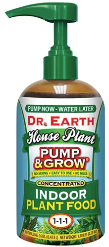 A close up of a bottle of Dr Earth Pump and Grow Houseplant Fertilizer isolated on a white background.