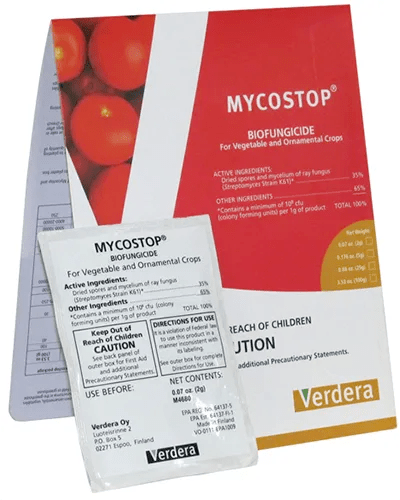 A close up of the packaging of Mycostop Biofungicide isolated on a white background.
