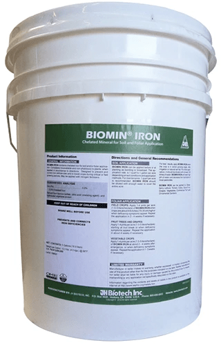 A close up of a bucket of Biomin Iron isolated on a white background.