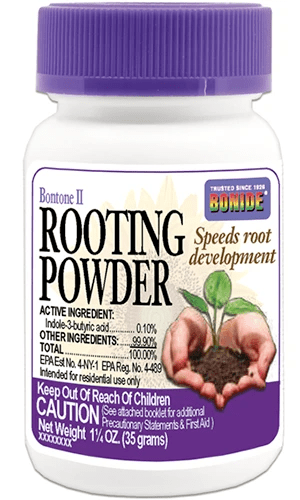 A close up of a bottle of Bonide Bontone II Rooting Powder isolated on a white background.
