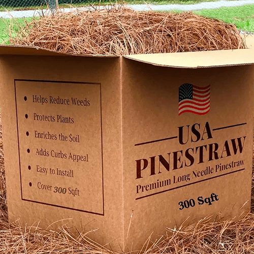 A close up of a box of USA pinestraw mulch.