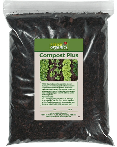 A close up of a bag of Arbico Organics Compost Plus isolated on a white background.