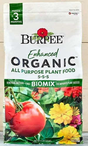 A close up of a bag of Burpee Enhanced Organic All-Purpose Plant Food.