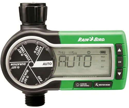 A close up of a digital hose timer isolated on a white background.