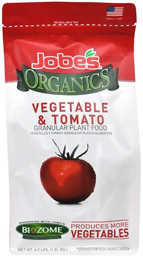 A close up of the packaging of Jobe’s Organic Granular Fertilizer isolated on a white background.