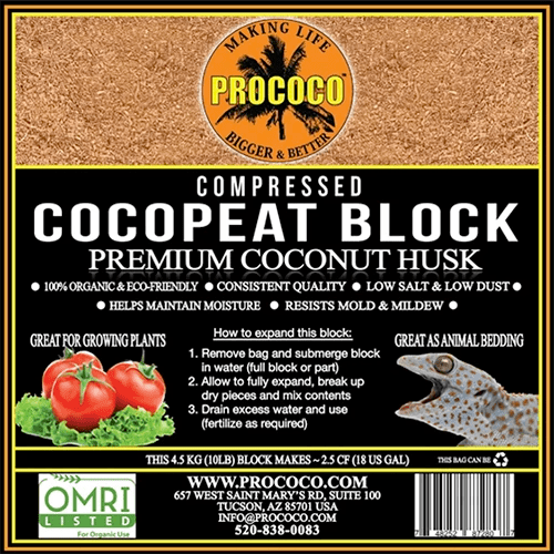 A close up square image of the packaging of a compressed cocopeat block.