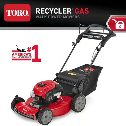 A close up of a Toro Recycler 21462 isolated on a white background. To the top of the frame is red and black printed text.