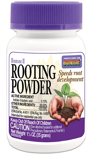A close up of a bottle of Bonide Bontone II Rooting Powder isolated on a white background.