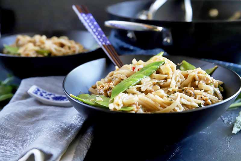 A close up horizontal image of a bowl of chicken chow mein set on a dark gray surface.