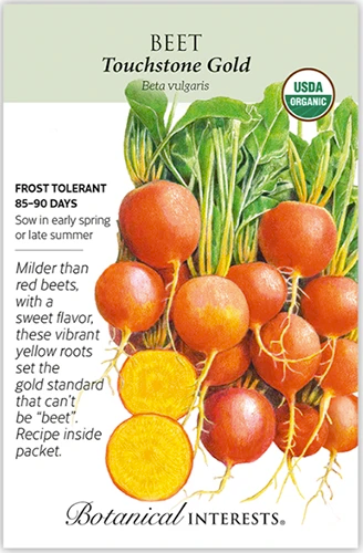 A closeup vertical image of a ‘Touchstone Gold’ beet seed packet.