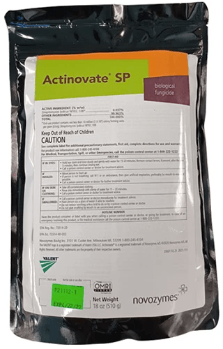 A close up of the packaging of Actinovate SP isolated on a white background.