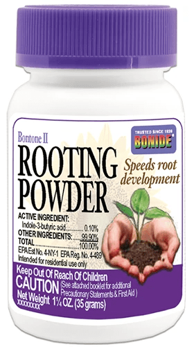 A close up of a bottle of Bonide Bontone II Rooting Powder isolated on a white background.
