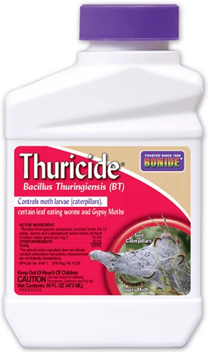 A close up of a bottle of Bonide Thuricide isolated on a white background.