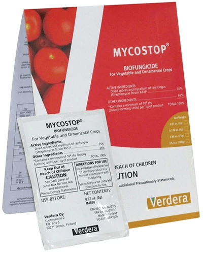 A close up of the packaging of MycoStop Biofungicide isolated on a white background.