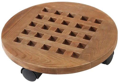 A close up of a wood caddy plant stand isolated on a white background.