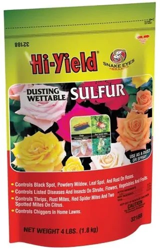 A close up of the packaging of Hi-Yield Sulfur isolated on a white background.