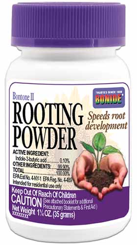 A vertical closeup image of a bottle of Bonide&rsquo;s Bontone II Rooting Powder on a white background.