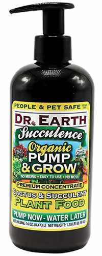 A close up of a bottle of Dr. Earth Succulence Pump and Grow isolated on a white background.