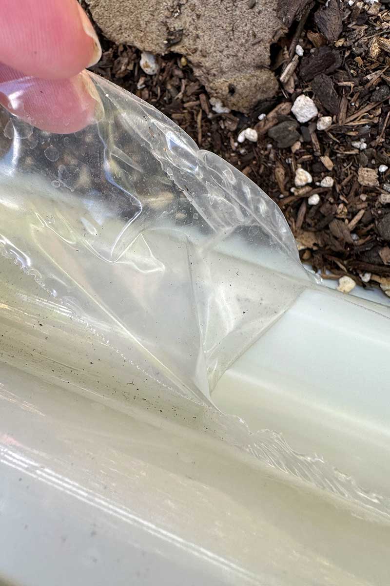 A close up vertical image of a hand from the left of the frame removing the protective plastic from the Vego Garden metal raised bed.