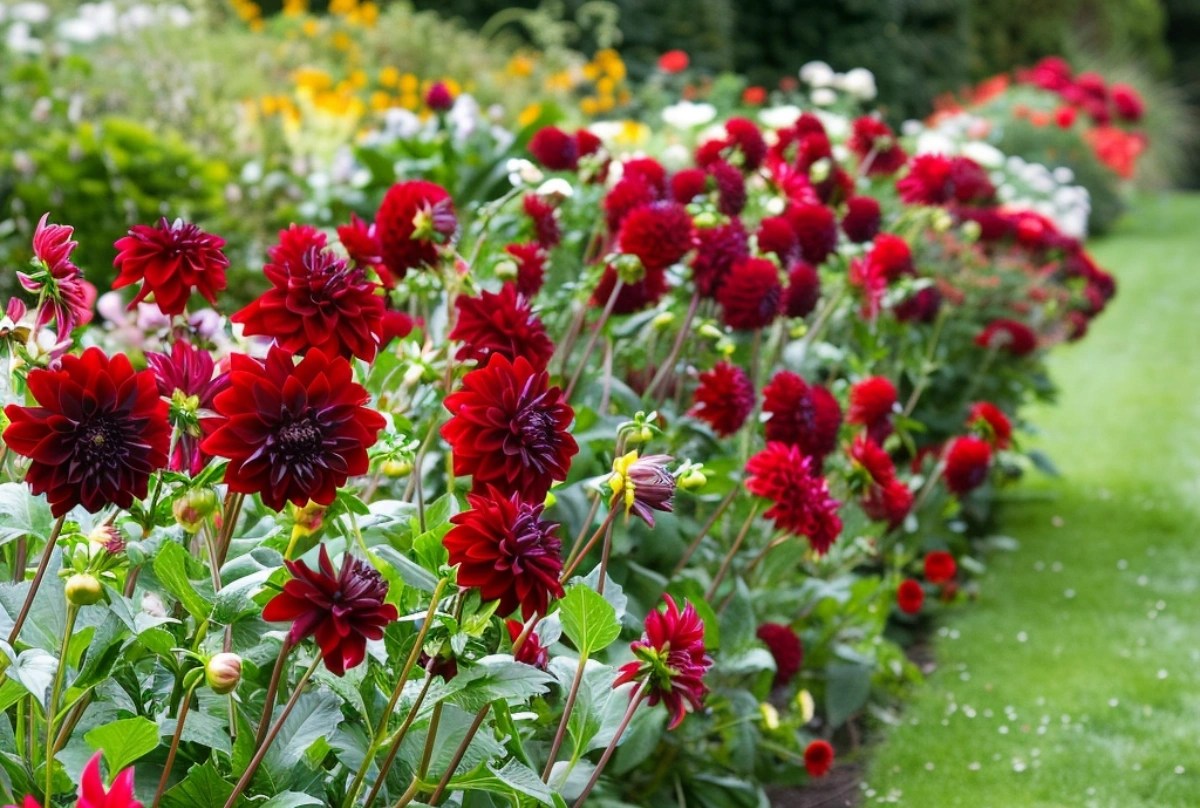 red dahlias in border