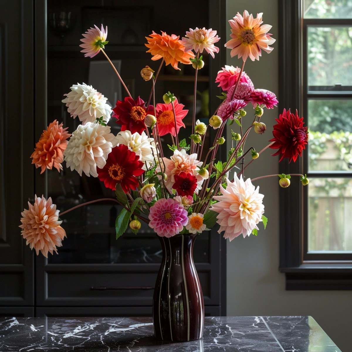 dahlia flower arrangements hot colours