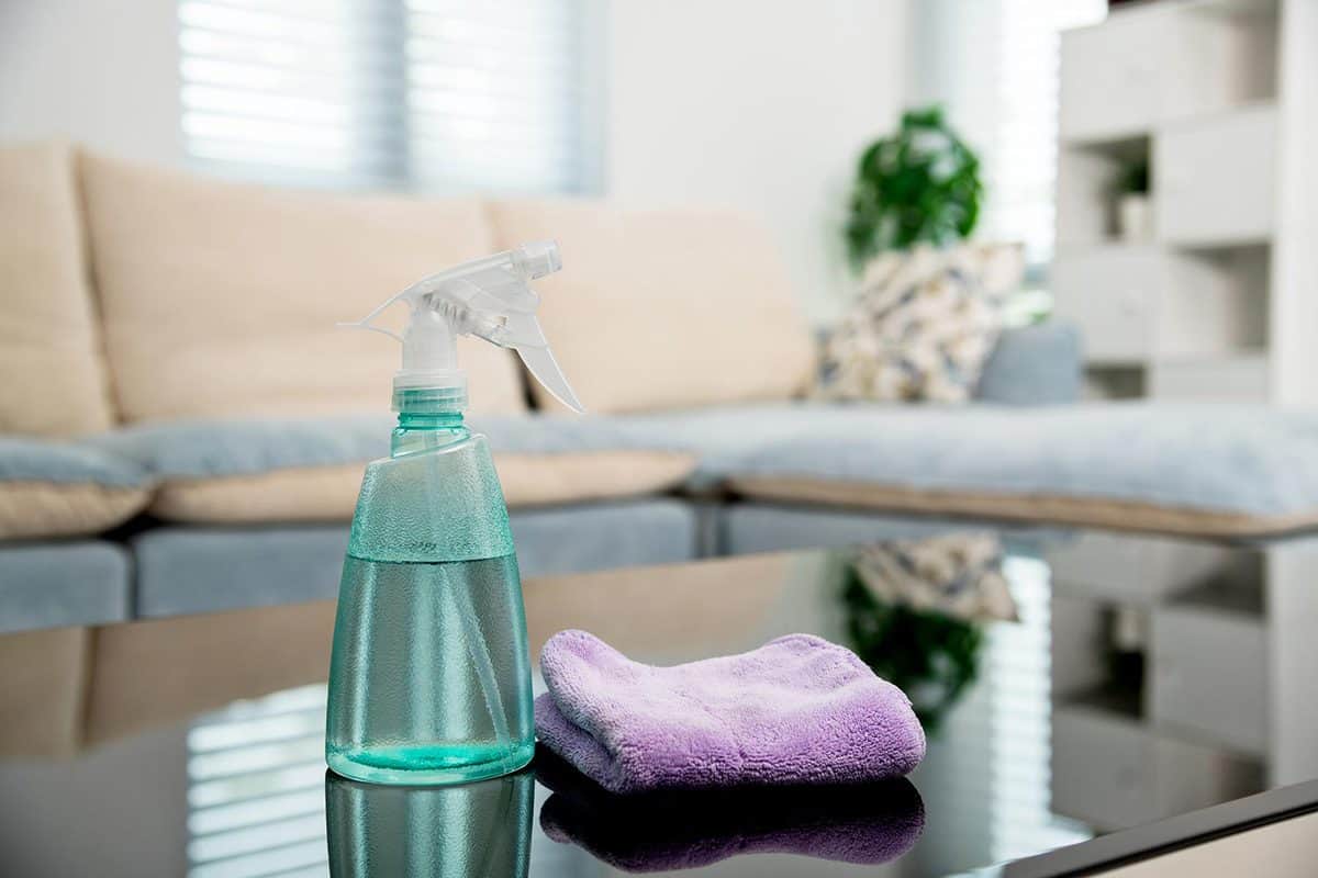 Spray bottle and rag on the table