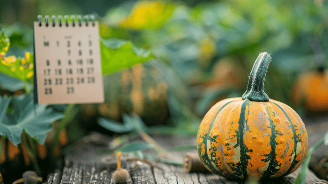 A small, orange pumpkin with green vertical stripes sits on a wooden surface, surrounded by greenery. A blurred calendar is visible in the background, adding to the autumnal atmosphere.