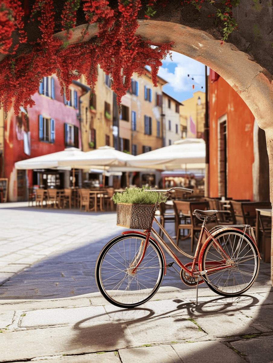 A red bicycle with a basket of greenery stands on a concrete paved area, basking in the &ldquo;Tuscan Sun&rdquo;, with a charming archway draped in red flowers leading to a colorful European street café scene in the background ar 3:4