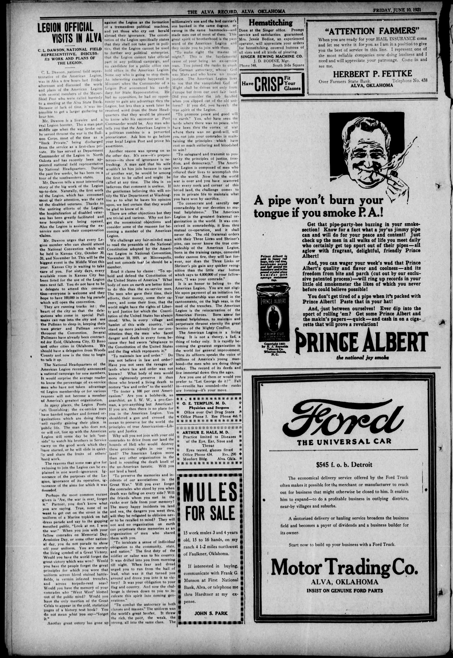 The Alva Record (Alva, Okla.), Vol. 20, No. 33, Ed. 1 Friday, June 10