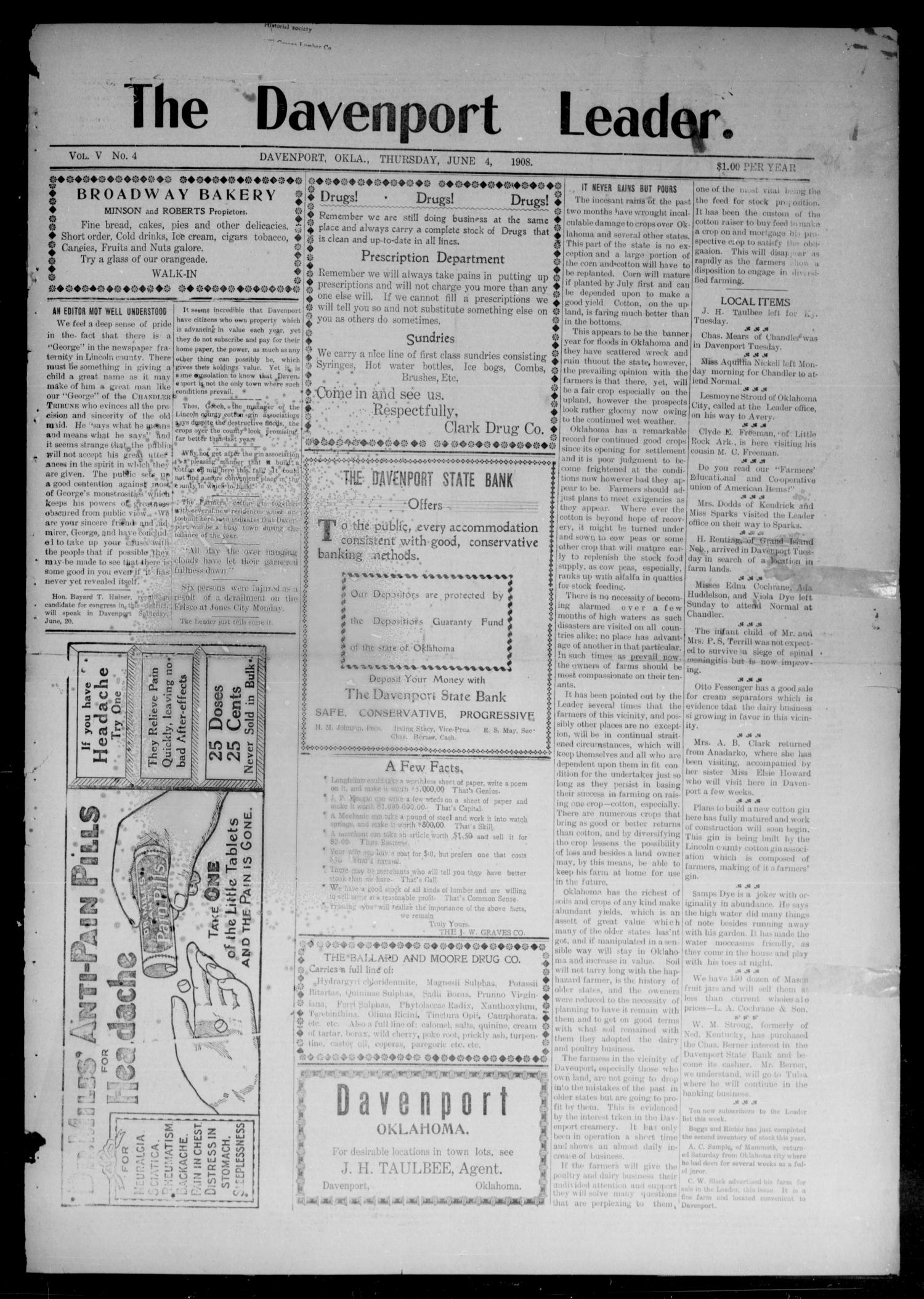 The Davenport Leader. (Davenport, Okla.), Vol. 5, No. 3, Ed. 1 Thursday