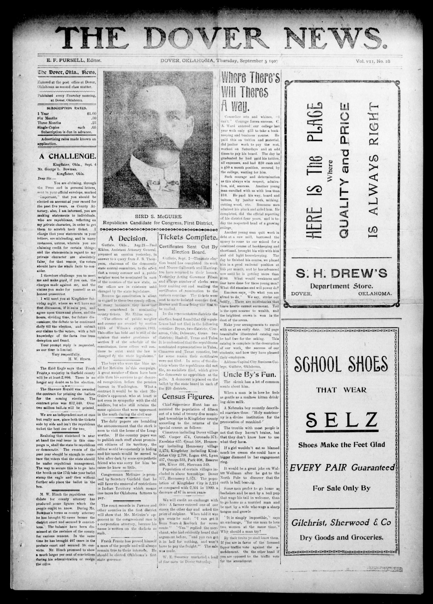 The Dover News. (Dover, Okla.), Vol. 7, No. 28, Ed. 1 Thursday
