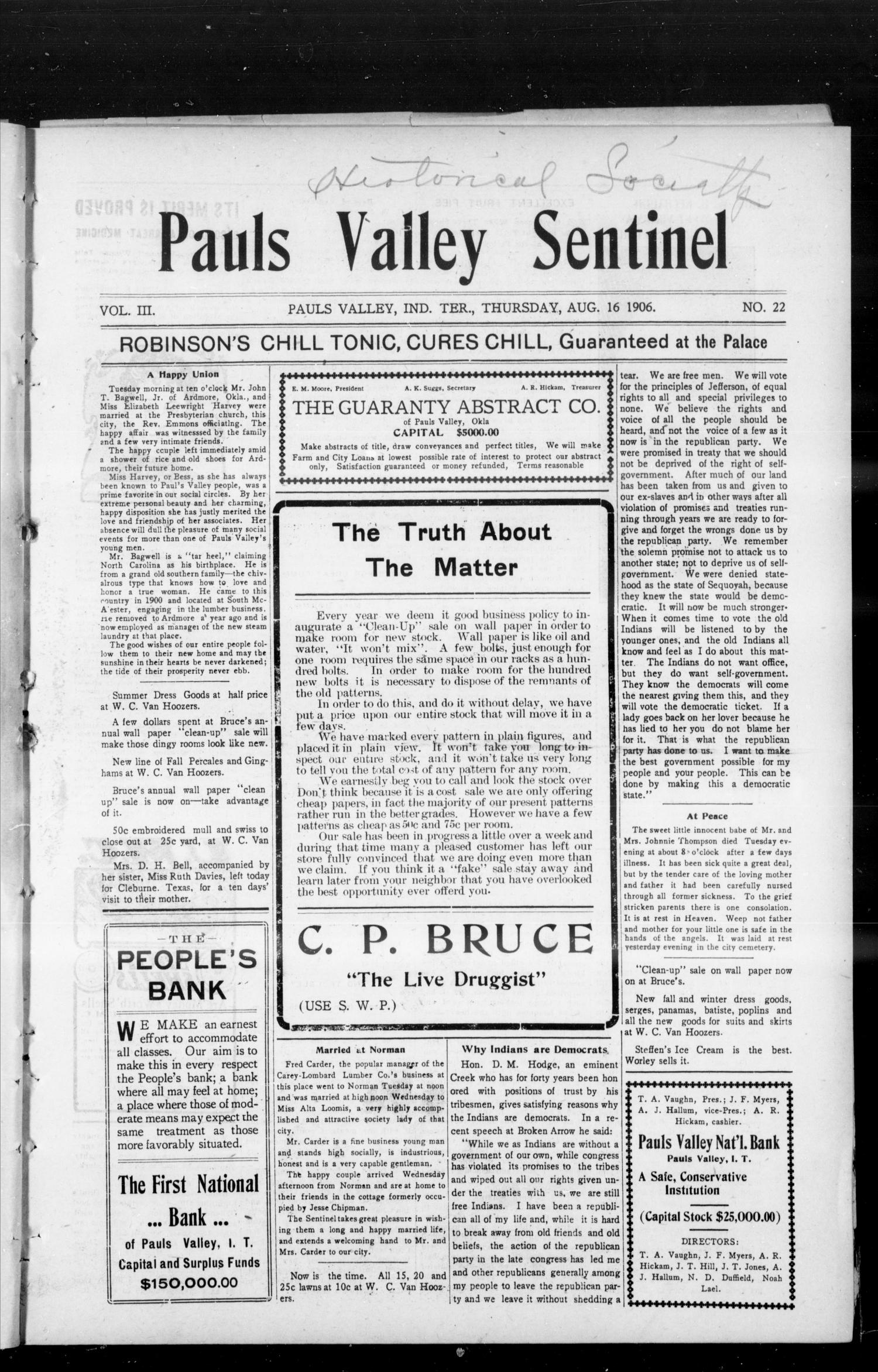 Pauls Valley Sentinel (Pauls Valley, Indian Terr.), Vol. 3, No. 22, Ed