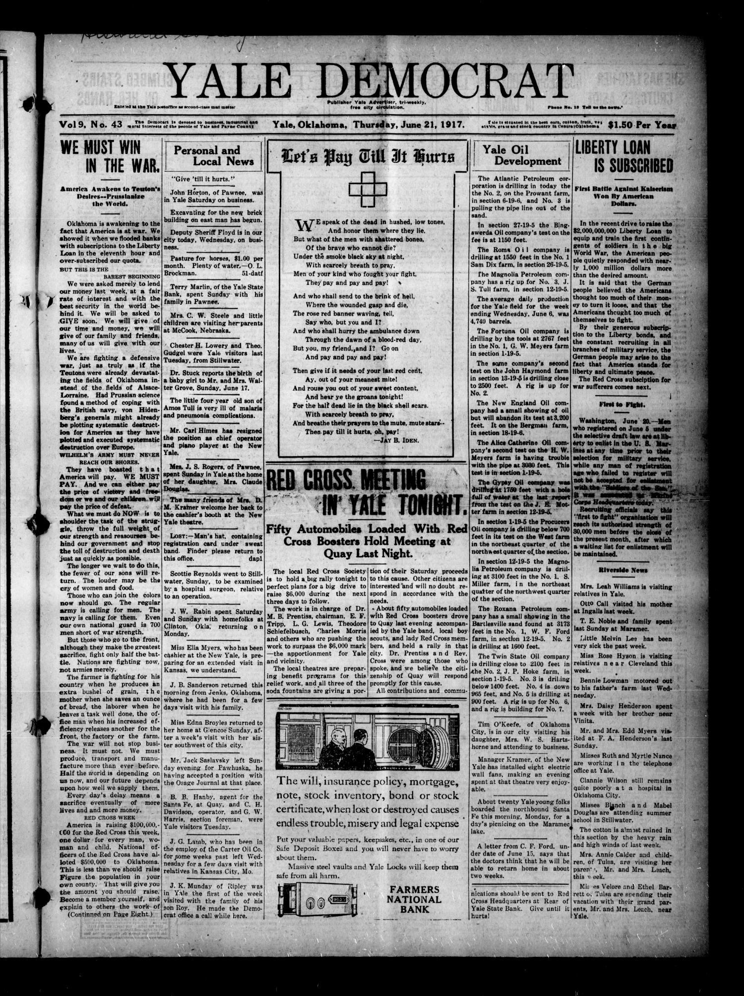 Yale Democrat (Yale, Okla.), Vol. 9, No. 43, Ed. 1 Thursday, June 21