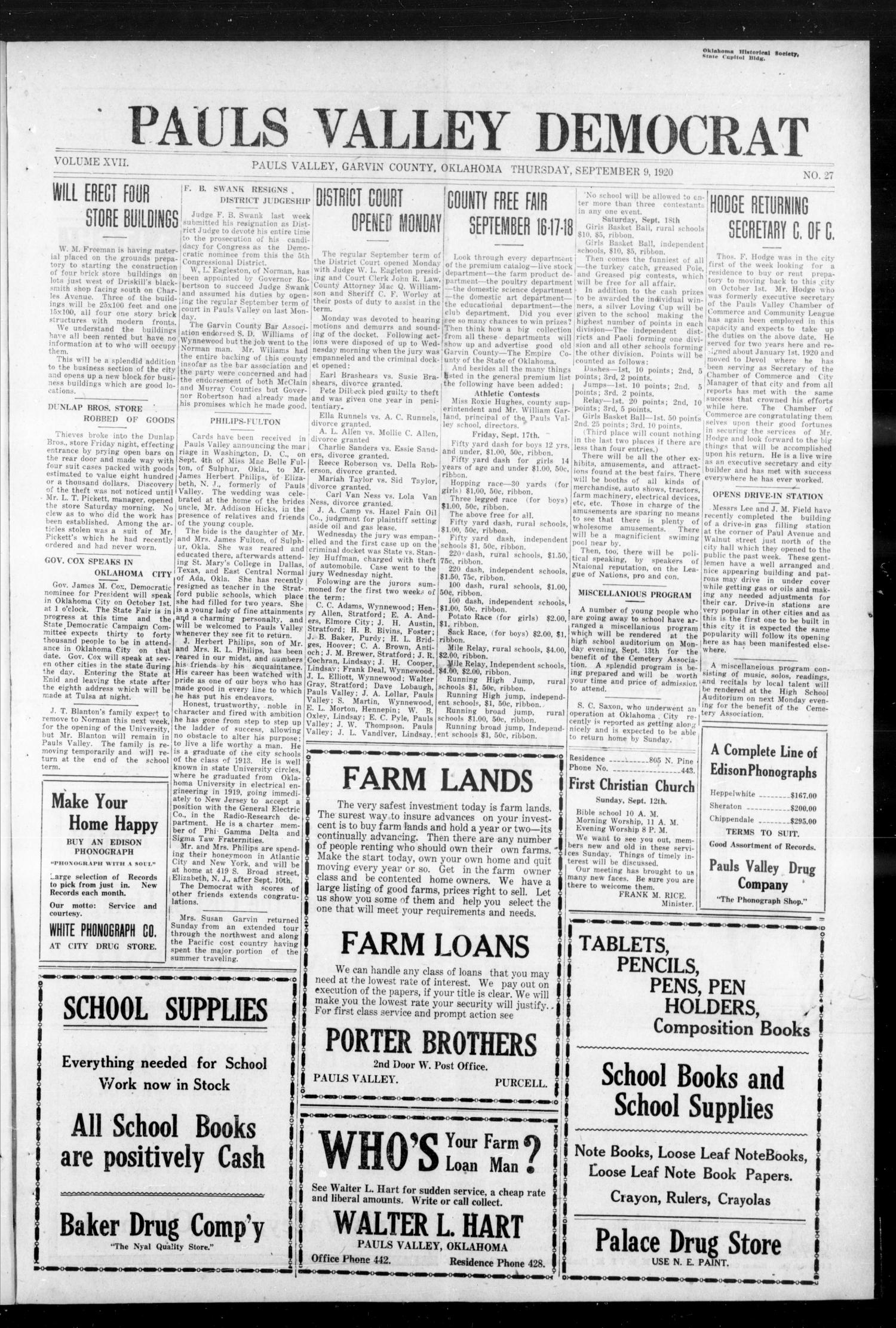 Pauls Valley Democrat (Pauls Valley, Okla.), Vol. 17, No. 27, Ed. 1