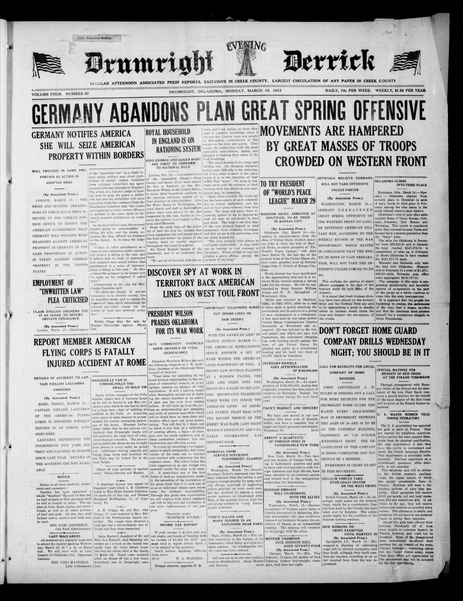 Drumright Evening Derrick (Drumright, Okla.), Vol. 4, No. 50, Ed. 1