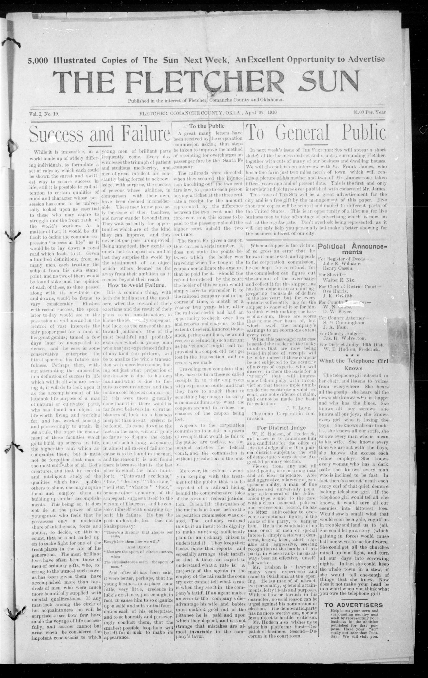 The Fletcher Sun (Fletcher, Okla.), Vol. 1, No. 10, Ed. 1 Friday, April