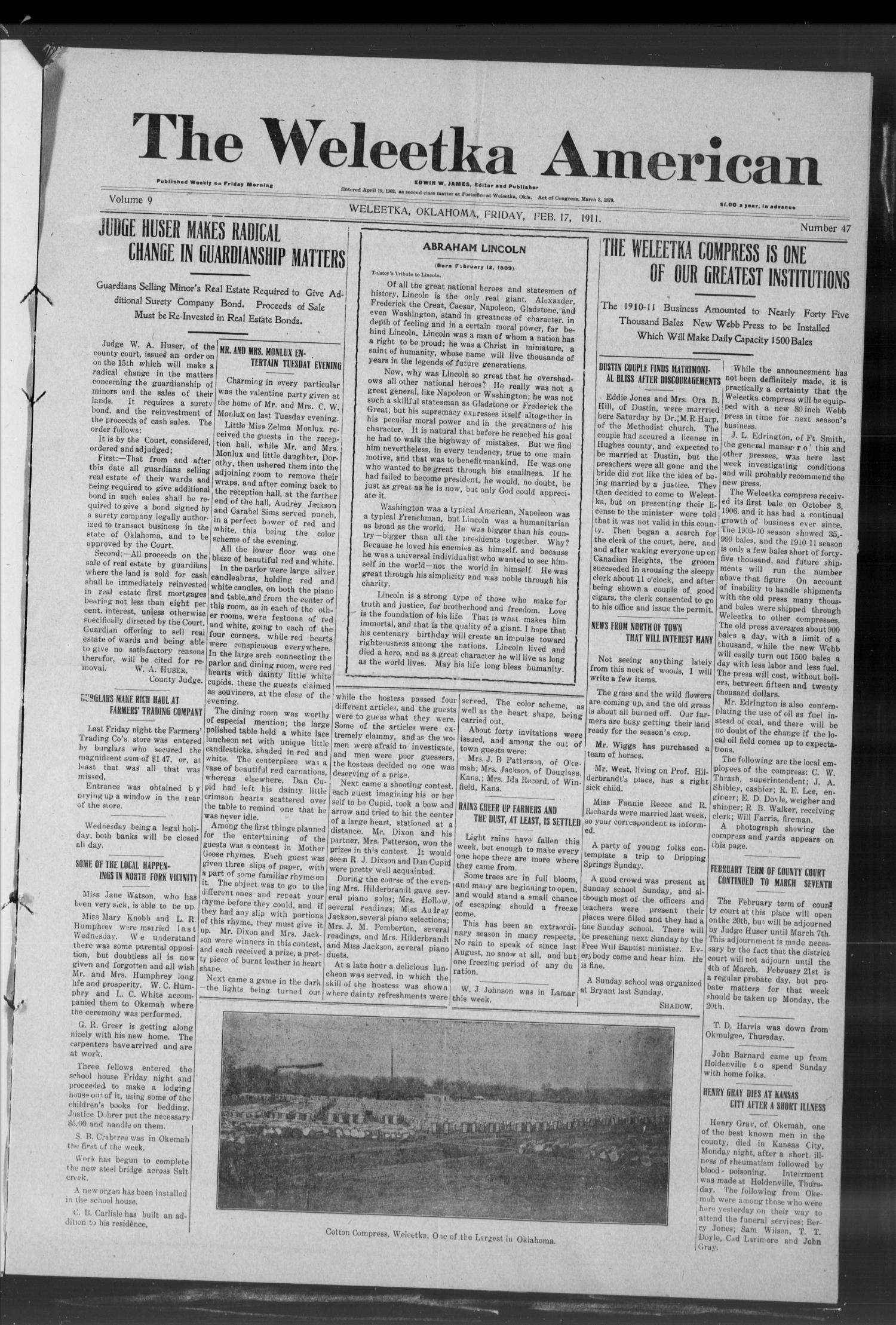 The Weleetka American (Weleetka, Okla.), Vol. 9, No. 47, Ed. 1 Friday